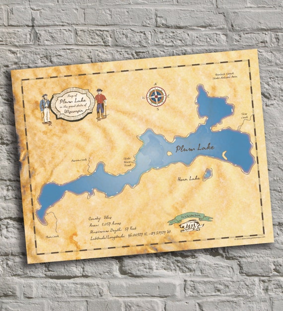 Plum Lake Wisconsin Vintage Inspired Lake Map Print Etsy