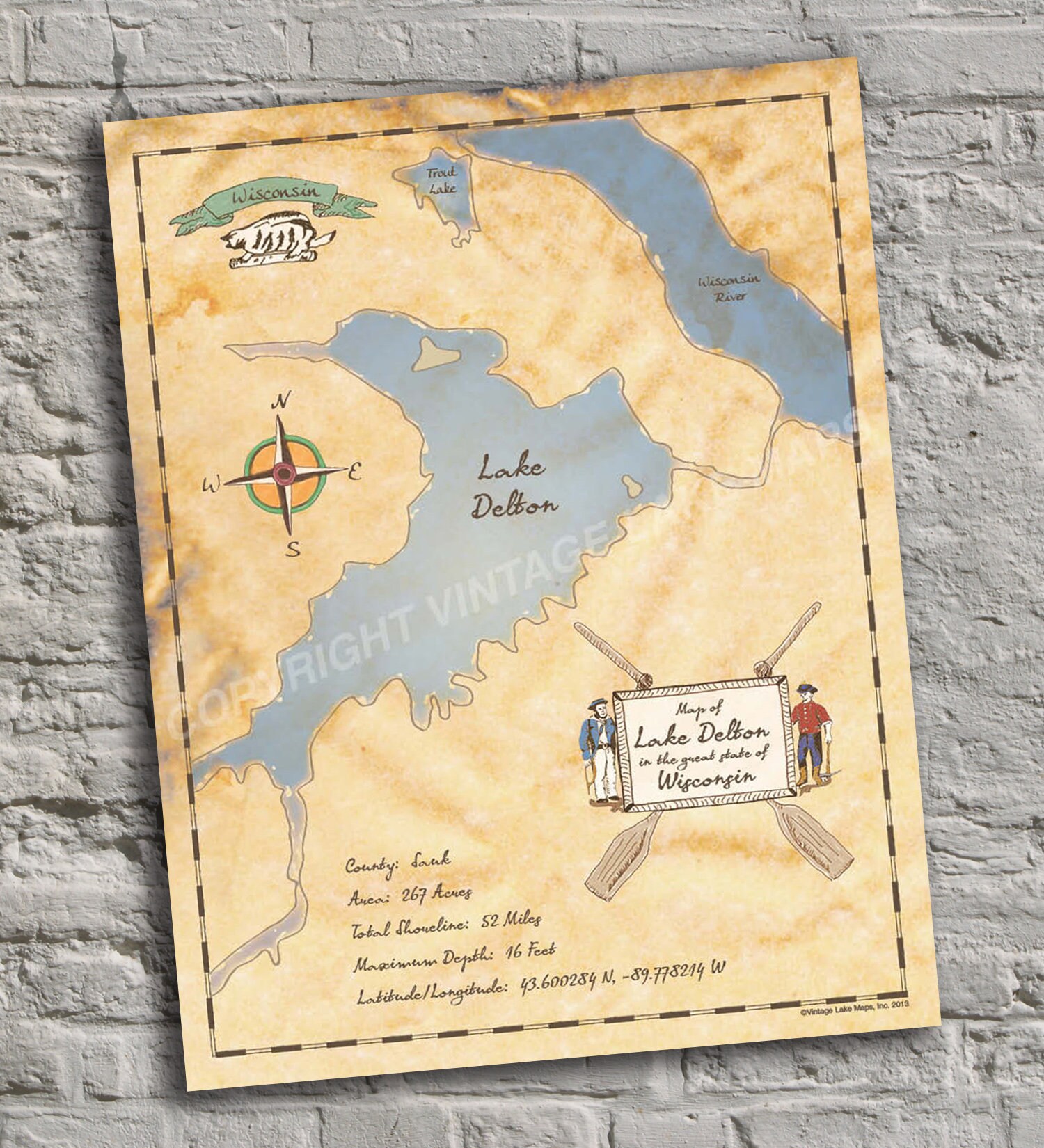 Lake Delton, Wisconsin. VintageInspired Lake Map Print. Custom Wall