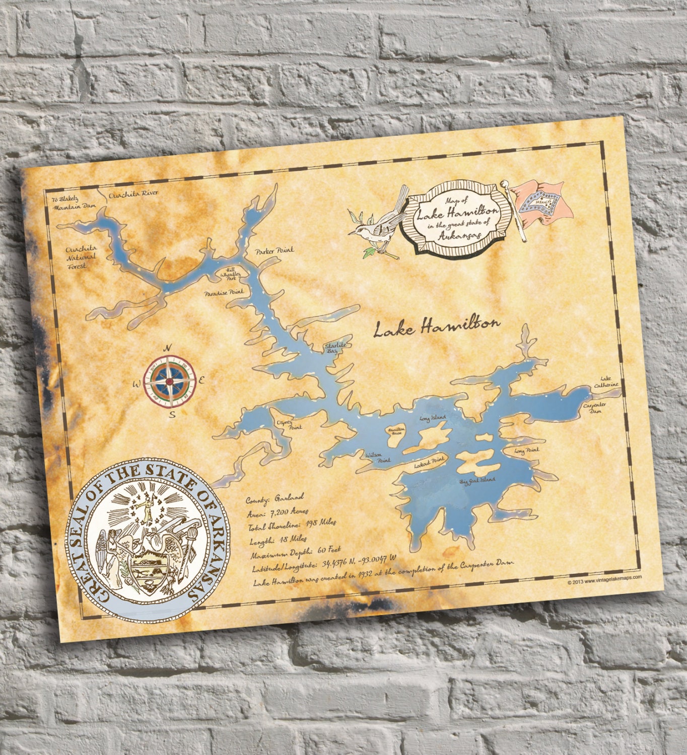 Lake Hamilton, Arkansas. Vintageinspired Lake Map Print. Lake House Decor. Etsy