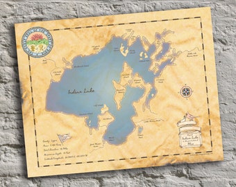 Indian Lake, Ohio. Vintage-Inspired Lake Map Print. Lake House Decor.