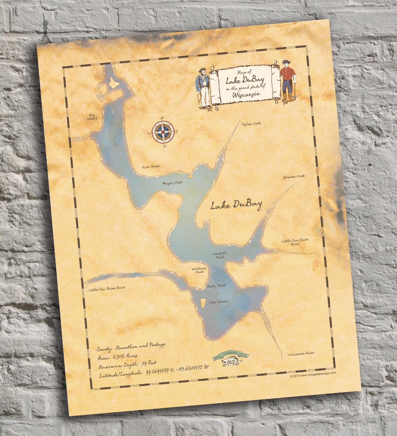 Lake Dubay Wisconsin. Vintageinspired Lake Map Print. Etsy