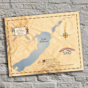 Lake Delavan, Wisconsin. Vintage-Inspired Lake Map Print. Custom Wall Art.