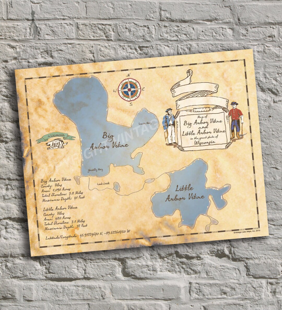 Big Arbor Vitae Lake, Wisconsin. Vintageinspired Lake Map Print. Custom Wall Art. Etsy