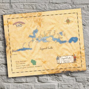 Legend Lake, Wisconsin. Vintage-Inspired Lake Map Print. Custom Wall Art.