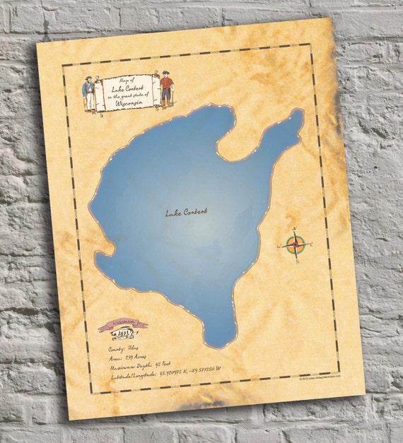 Lake Content Wisconsin Vintage Inspired Lake Map Print Etsy