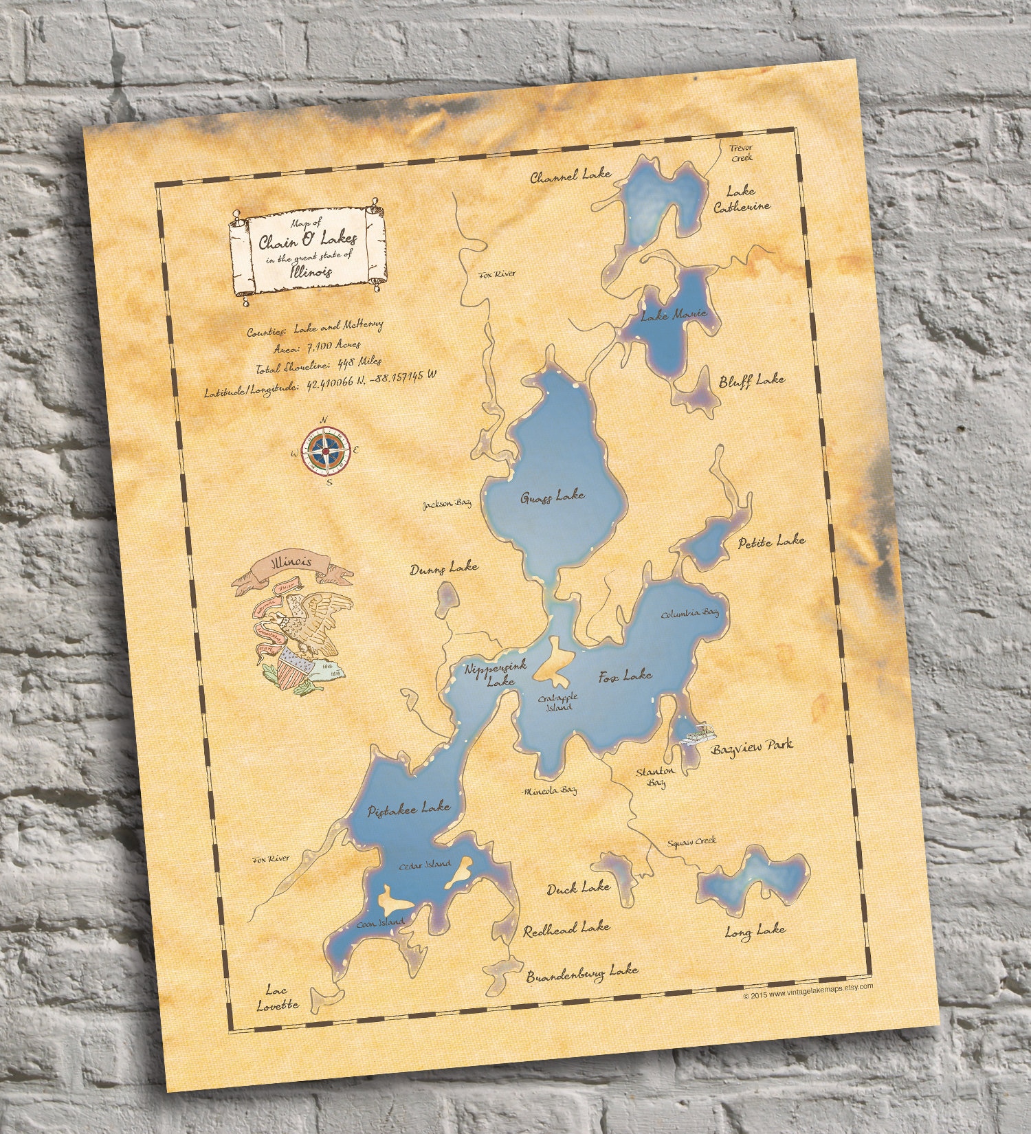 Chain O Lakes Illinois Map Chain O'lakes Illinois. Vintage-Inspired Lake Map Print. | Etsy Australia