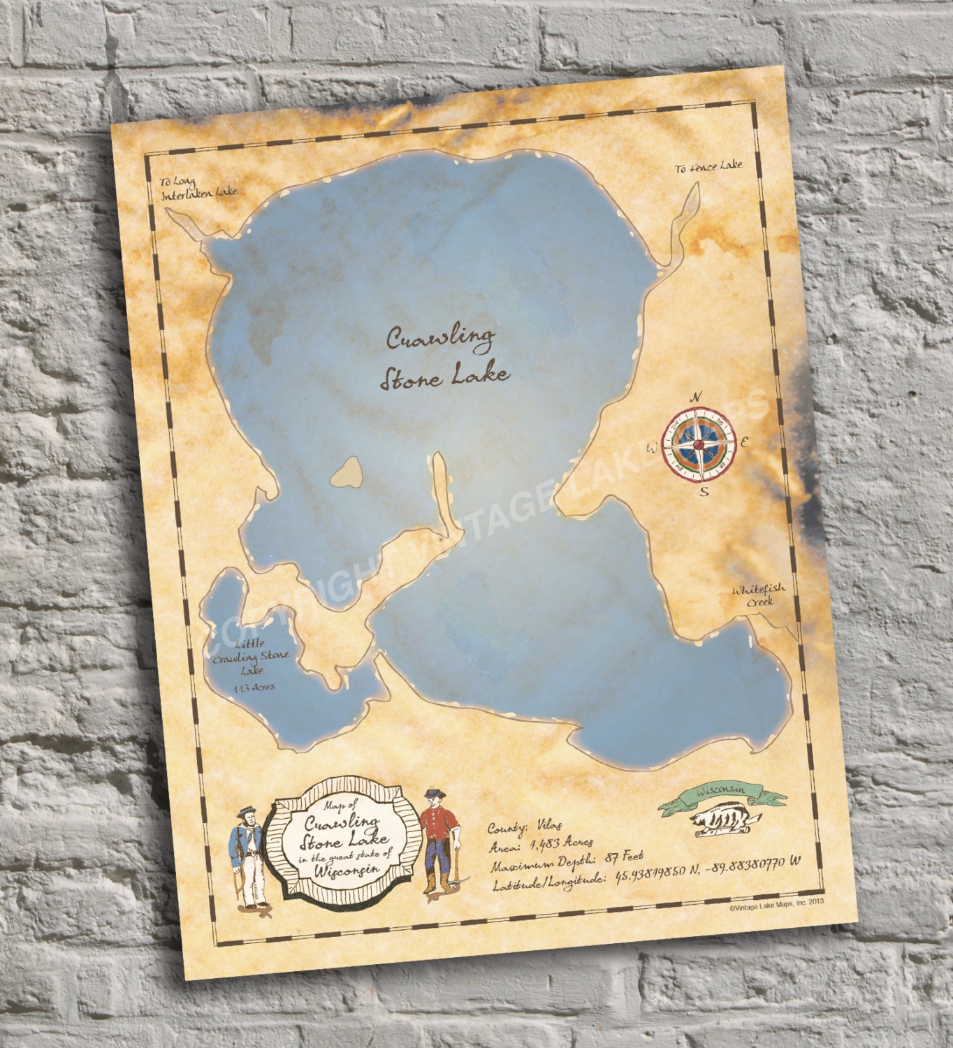 Crawling Stone Lake, Wisconsin. Vintageinspired Lake Map Print. Personalized Lake House Decor