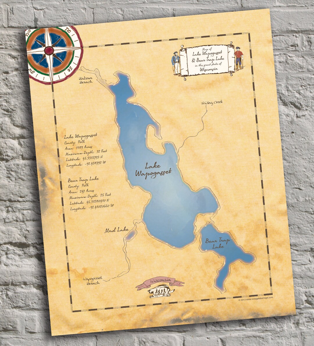 Beartrap Lake & Lake Wapogasset, Wisconsin. Vintageinspired Lake Map