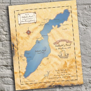 Cobbetts Pond, New Hampshire. Vintage-Inspired Lake Map Print. Custom Wall Art.