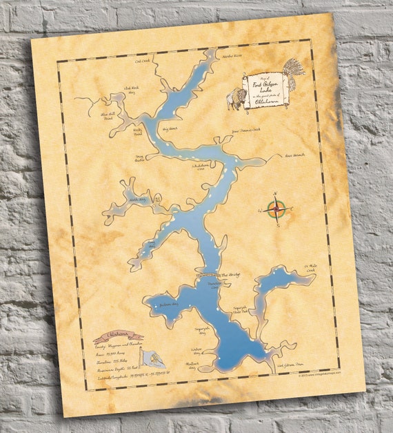 Fort Gibson Lake Oklahoma Vintage Inspired Lake Map Print Etsy