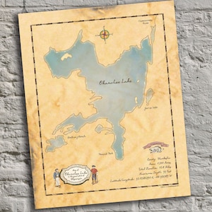 Okauchee Lake, Wisconsin. Vintage-Inspired Lake Map Print. Lake House Decor.