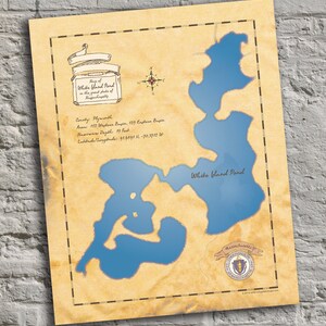 White Island Pond, Massachusetts. Vintage-Inspired Lake Map Print. Personalized Lake House Sign.