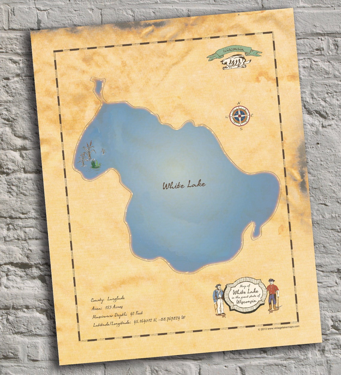White Lake Wisconsin. Vintageinspired Lake Map Print. Custom Etsy