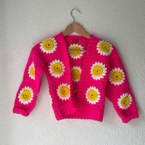 Hot Pink Handmade Daisy Design Granny Square Kids Cardigan