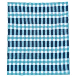 May include: A quilted blanket with a blue, white, and navy blue checkered pattern. The quilt features a repeating grid design with alternating colors, creating a visually appealing and textured surface. The blanket is likely made of soft fabric.