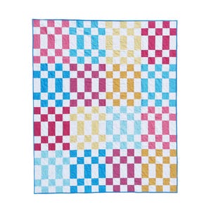 May include: A rectangular quilt featuring a grid pattern of alternating squares in shades of pink, light blue, yellow, and white. The quilt is finished with a solid blue border that frames the colorful checkered design across the entire surface.