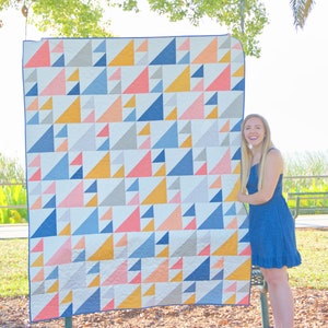 May include: A large, colorful quilt with a geometric triangle pattern in shades of blue, pink, yellow, and gray. The quilt is displayed outdoors, showcasing its design and craftsmanship. The quilt is a decorative home textile.