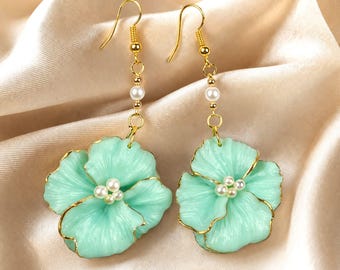 Mint Green Flower Earrings, Polymer Clay Floral Dangles, Pearl Drop Earrings, Handmade Statement Jewelry, Lightweight, Elegant Gift for Her