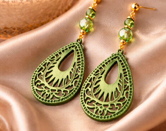 Iridescent Green Wood Teardrop Earrings, Swarovski Crystal Accents, Boho Statement Jewelry