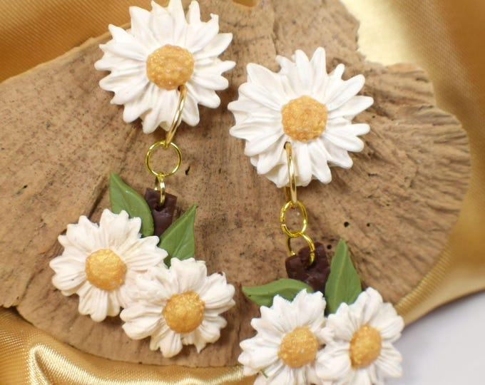 Handmade Polymer Clay Daisy Flower Earrings, Botanical Floral Dangles