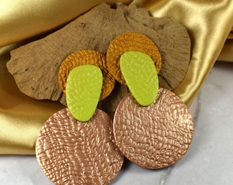 Modern Statement Clay Earrings, Gold, Hot Mint & Bronze
