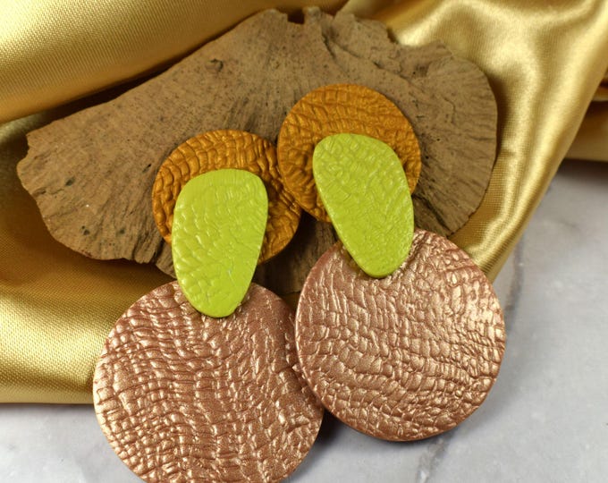 Modern Statement Clay Earrings, Gold, Hot Mint & Bronze