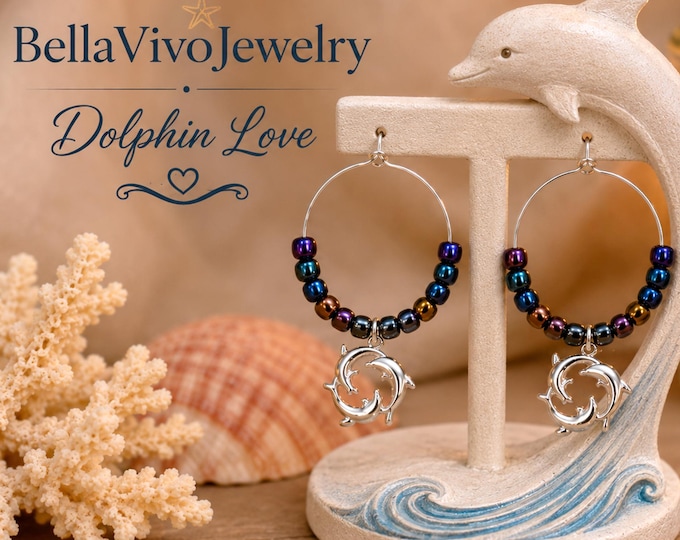 Dolphin Hoop Earrings, Ocean Inspired Beaded Earrings,  Silver Dolphin Charm Earrings, Beach Lover Gift, Nautical Dangle Hoops