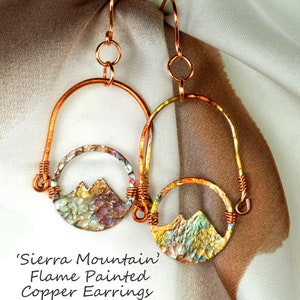 Mountain Earrings, Copper Earrings, Flame Painted Copper Earrings, Boho Earrings, Hippie Earrings. Outdoor Lover Gift