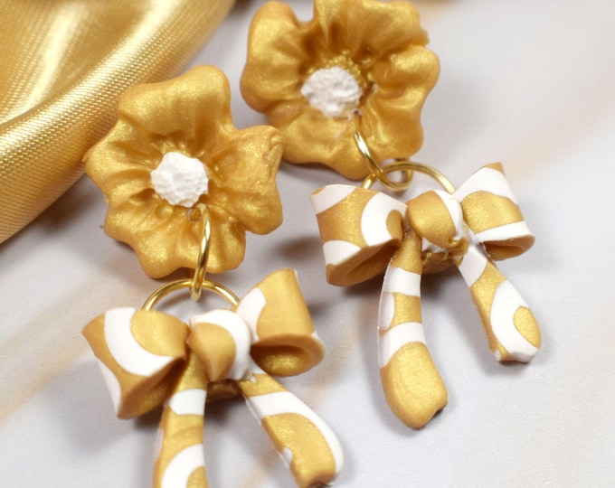 Handmade Gold Flower Bow Clay Earrings, Marbled Statement Dangles