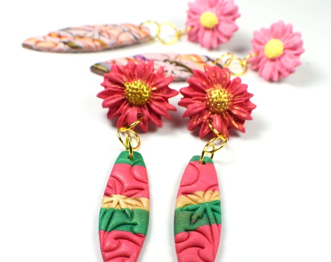 Surfboard Earrings, Ocean Earrings, Surfer Jewelry, Spring Clay Flower Earrings, Nature Lover, Gift for Her, Fun Jewelry, Colorful Earrings