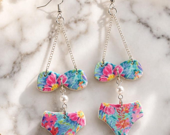 Handmade Polymer Clay Bikini Earrings, Colorful Floral Dangle Jewelry