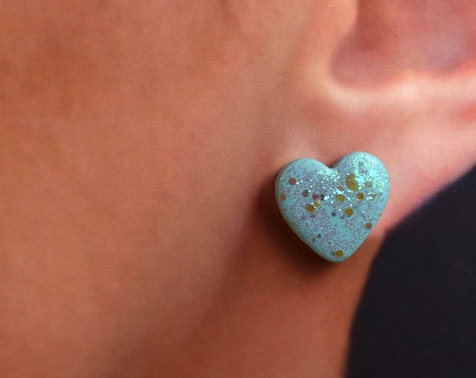 Blue Stone Glitter Heart Stud Earrings, Clay Stone Heart Earrings, Summer Earrings