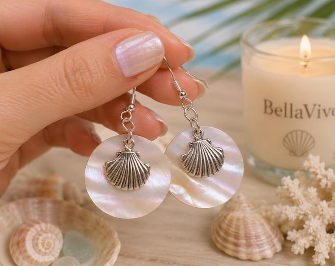 Real Mother of Pearl Shell Earrings with Silver Trim and Shell Charm, Coastal Style