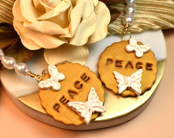 Peace Earrings, Clay Earrings, Positive Earrings, Positive Words Earrings, Golden Earrings