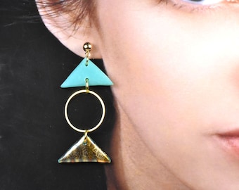 Clay Triangle Earrings, Aquamarine and Gold Foil Circle Earrings