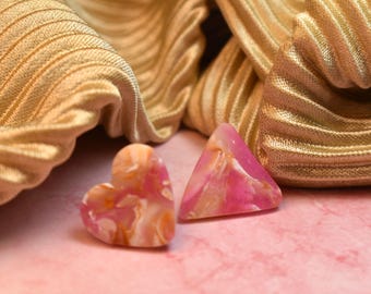 Mokume Gane Heart Earrings: Pink Faux Stone Clay, Boho Style