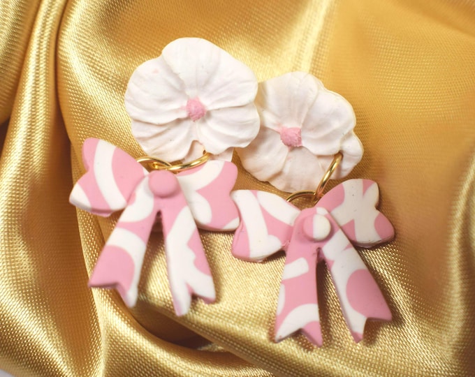 Pink Bow Flower Polymer Clay Dangle Earrings, Feminine Statement Jewelry