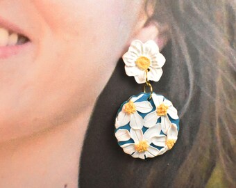 Flower Earrings, Blue & White Flower Earrings, Flower Jewelry, Gift Earrings