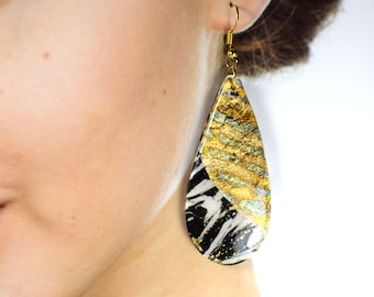 Gold Leaf Statement Dangle Earrings, Black and White Modern Jewelry