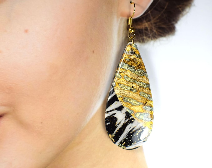 Gold Leaf Statement Dangle Earrings, Black and White Modern Jewelry