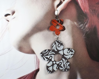 Leather Earrings, Flower Earrings, Gift for Her, Stenciled Red & Black Earrings, Leather Jewelry