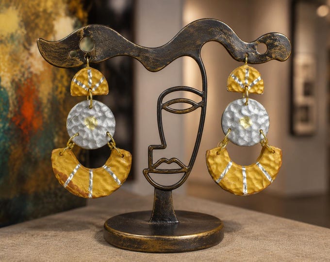 Modern Gold Silver Geometric Statement Earrings, Hammered Polymer Clay Dangle Jewelry