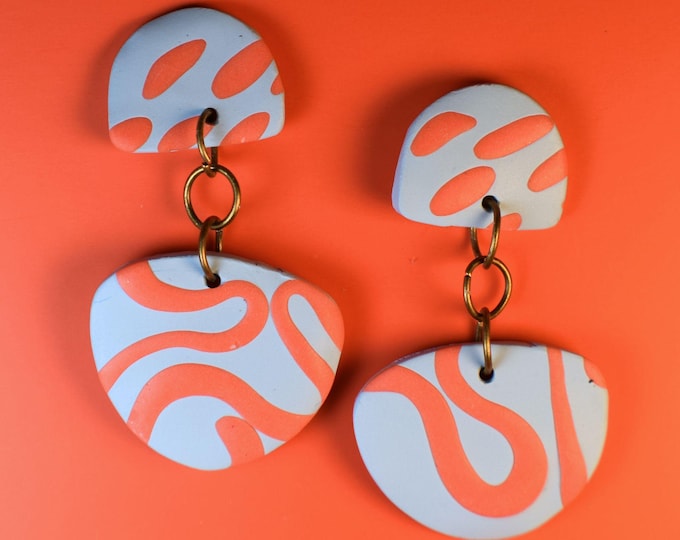 Retro Clay Pop Art Earrings: 70's Orange & Blue Jewelry