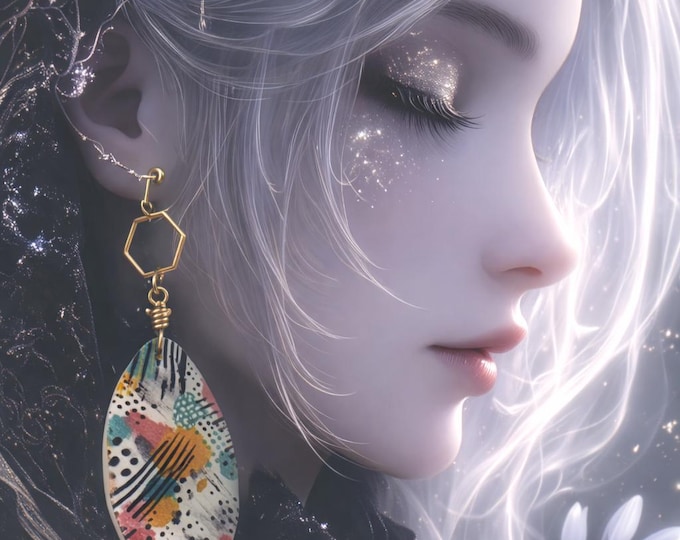 Modern Abstract Dangle Earrings – Colorful Polymer Clay Statement Earrings with Gold Hexagon