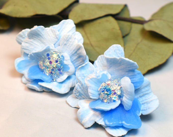 Beautiful Flower Earrings, Clay Flowers, Glitter Earrings, Sparkly Earrings