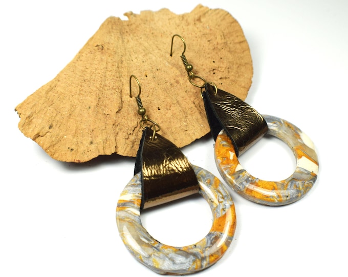 Statement Leather and Stone Clay Earrings, Lightweight, Hypoallergenic
