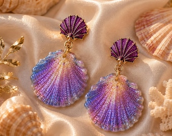 Tropical Shell Dangle Earrings, Purple Clay Seashell Statement Earrings, Ocean Inspired Jewelry, Summer Beach Gift