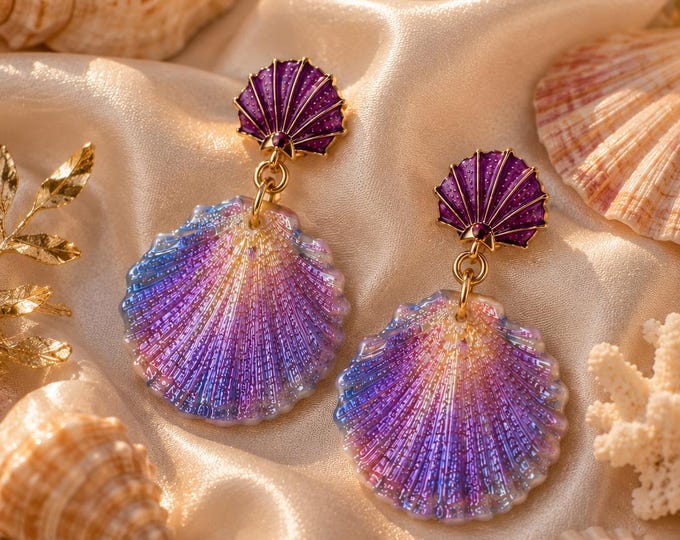 Tropical Shell Dangle Earrings, Purple Clay Seashell Statement Earrings, Ocean Inspired Jewelry, Summer Beach Gift