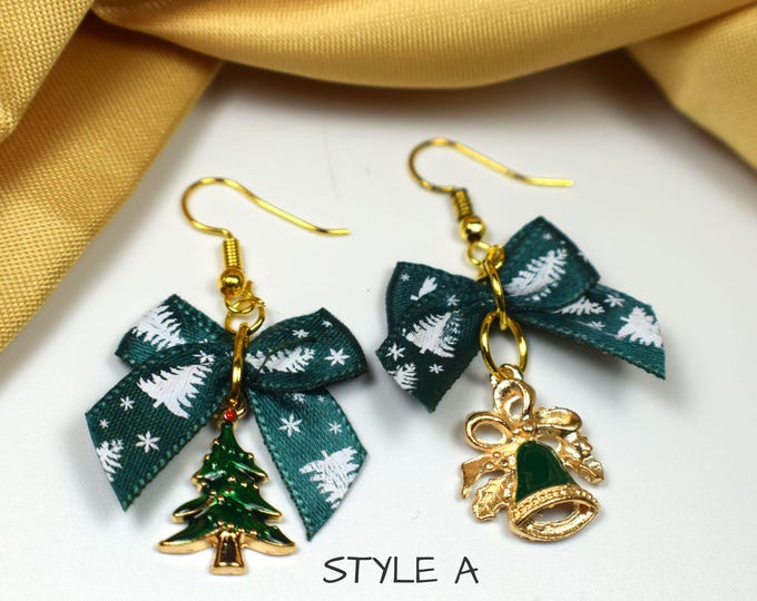 Christmas Earrings, Bows with Charms, Gold Plated, Gift for Her