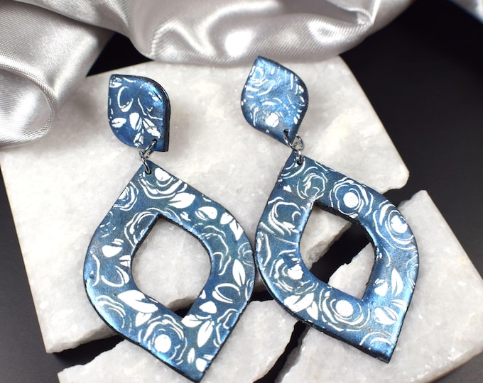 Blue Floral Geometric Dangle Earrings, Lightweight Statement Clay Jewelry